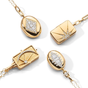 Vintage gold locket necklaces in oval and rectangular shapes with diamond accents