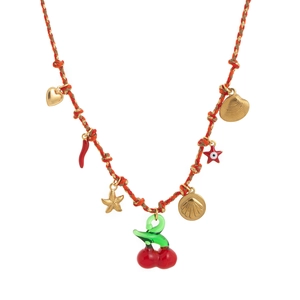 Bohemian woven necklace with colorful heart, shell and cherry charms on red cord
