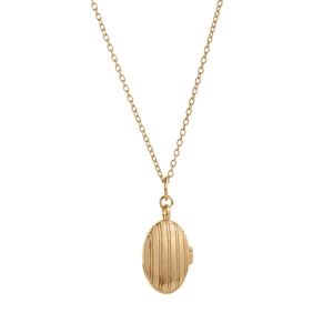Vintage golden oval locket necklace with vertical stripe engraving on a gold chain