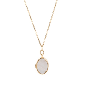 Vintage gold oval locket necklace with white mother of pearl inlay for family photos