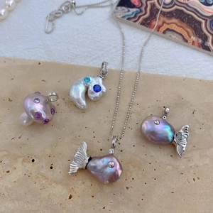 Baroque pearl fish pendant necklace with 925 silver and colored gemstones
