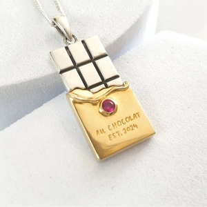 Chocolate bar pendant necklace with colorful zircons and 18k gold plating for women
