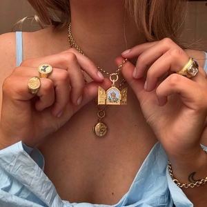 Vintage stainless steel layering jewelry set with enamel flower locket and gold rings