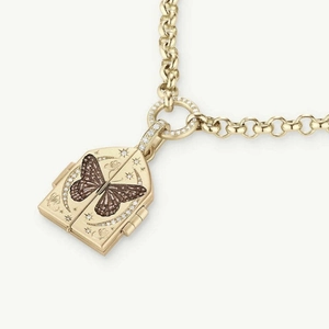 Luxury gold butterfly book locket necklace with sparkling stones on high-end link chain
