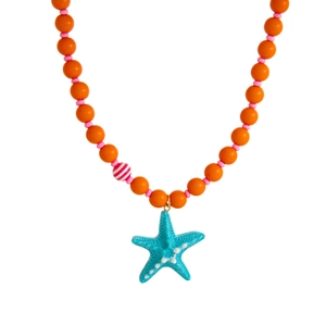 Colorful beaded beach necklace with orange beads and a sky blue starfish pendant