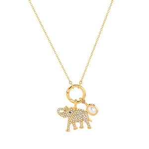 Detail van gouden olifant hanger met pavé kristallen en witte parel accent charme