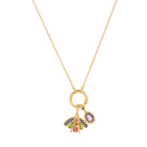 Macro-opname van gouden ketting met veelkleurig kristallen insect en paarse edelsteen