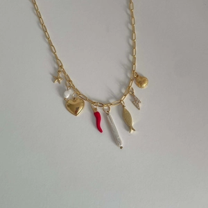Detail van gouden paperclip ketting met zeester, hart en chilipeper hangers