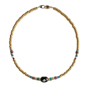 Collar de cuentas coloridas con esferas de acero dorado y colgante central ojo turco