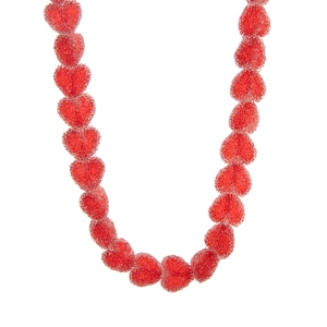 Detailed view of frosted red resin heart beads on a candy-colored beaded necklace