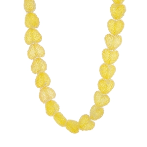 Detailed view of yellow resin heart-shaped beads on a necklace with frosted texture