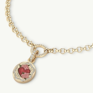 Gold oval pendant necklace with painted heart rose motif and micro-set cubic zirconia