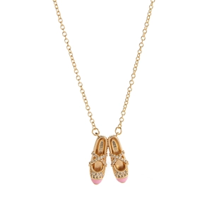 Pink ballet shoes pendant necklace with sparkling rhinestones on golden chain