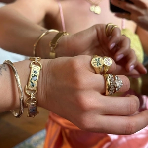 Close-up of gold 14K jewelry set featuring enamel charms and butterfly signet rings