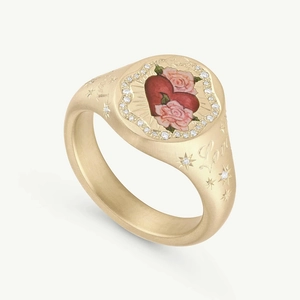 14K gold plated signet ring with painted rose heart and Love engraving details