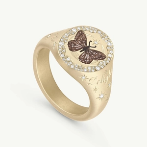 Matte 14K gold butterfly signet ring with micro-pave crystals and star engravings