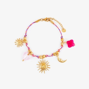 Handgewebtes Armband mit 18k Gold-Anhängern, Sonne, Mond und bunten Herzsteinen verziert