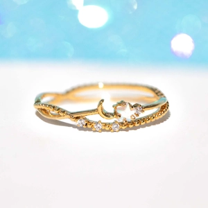 Minimalist Copper PVD Plated Gold Layered Star Moon Ring For Women Elegant Zirconia Inlaid Fashion Finger Jewelry Gift