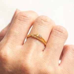 Gold-plated star and moon double-layer ring with sparkling purple and clear zircons