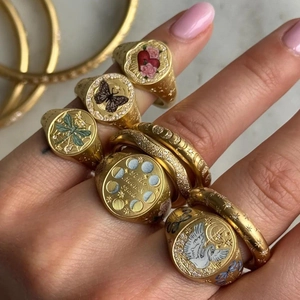 Retro 14K Gold Plated Stainless Steel Signet Ring Enameled Butterfly Heart Moon Phase Adjustable Open Finger Ring Jewelry For Women
