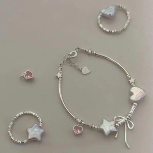 S925 Silber Armband Set mit rosa Herz-Zirkonia und schimmernden Sternenanhängern