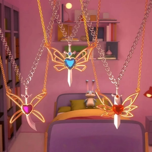 Koperen Fantasy Anime Stijl Vlinder Hart Strass Hanger Ketting Magical Girl Zwaard Vleugels Fee Halsketting Voor Vrouwen