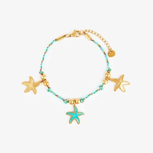 Verstellbares 18k vergoldetes Edelstahl-Seestern-Armband in Blau und Rot mit Anhängern