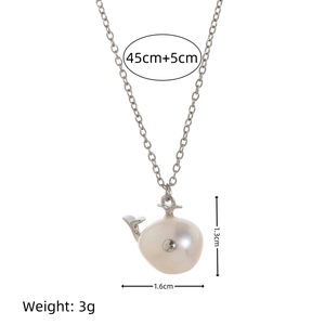 Silver O-chain necklace with a cute white pearl whale pendant and detailed silver accents