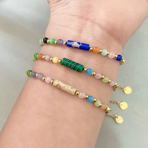 Beaded Bracelet 18K Gold Plated Stainless Steel Natural Malachite Cat Eye Stone Retro Bohemian Geometric Cylinder Women Jewelry