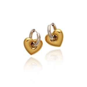 Orecchini a cerchio con pendente a cuore bicolore oro e argento stile francese