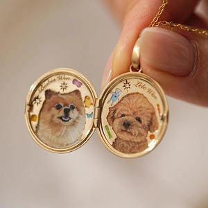 Collar de relicario de oro personalizado con retratos de mascotas pintados a mano