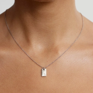 Elegante collar plateado con colgante rectangular y un pequeño cristal incrustado