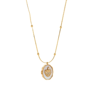 Gold strawberry locket necklace with iridescent white shell inlay and crystal accent
