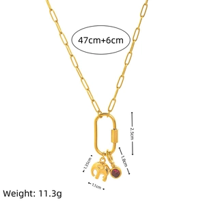18K gold plated stainless steel paperclip necklace with elephant and ruby pendants