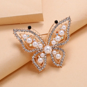 Elegant Alloy Butterfly Brooch With White Artificial Pearl Rhinestone Vintage Fashion Jewelry Pin For Women Daily Banquet Accessorie