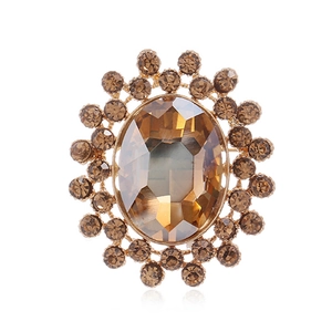 Détail d'une broche ovale en ambre avec halo de strass scintillants sur monture dorée