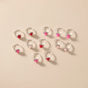 12-teiliges verstellbares Rosenring-Set für Kinder mit Strass in Rosa- und Rottönen