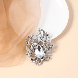 Macro detail of teardrop crystal brooch with intricate pave diamonds and silver alloy