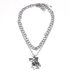 Gothic silver-tone layered necklace set featuring a vintage skull knight and horse pendant