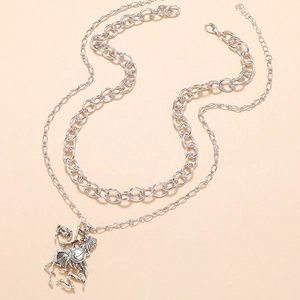 Double-layered silver necklace with retro knight pendant on winged horse and bold link chain