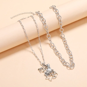 Retro silver layered necklace set with skull knight pendant and industrial chunky chain link