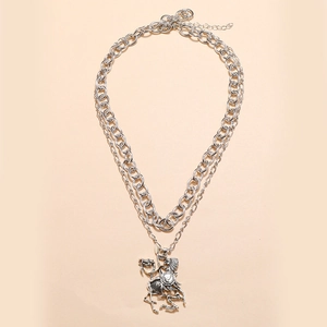 Retro punk double-layer silver chain necklace featuring a skull knight knight pendant