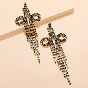 Elegant gold fringe earrings with deep green rhinestones in a long tassel design