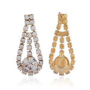 Detail view of golden tassel earrings with round rhinestones and geometric alloy structure