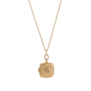 Polished gold-plated square locket necklace with sparkling center stone pendant