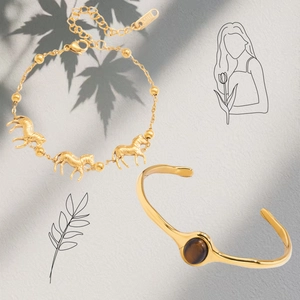 Conjunto vintage de pulsera de cebra de acero dorado y brazalete con ojo de tigre