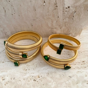 18K gold plated Tubogas snake bracelets with emerald green zircon gemstone ends