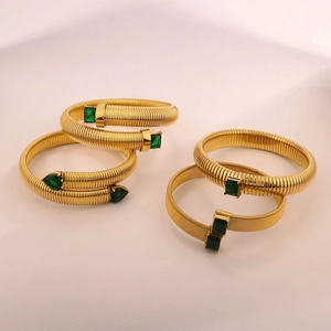 18K gold plated stainless steel tubogas cuff bracelets with green zircon inlay for women