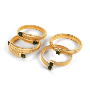 Gold Tubogas snake bracelets with emerald green zirconia rectangular and heart stones