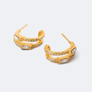 Boucles d'Oreilles Clous en Acier Inoxydable en Forme de C à Double Couche pour Femmes Or Plaqué Zircon Strass Pavé Bijoux